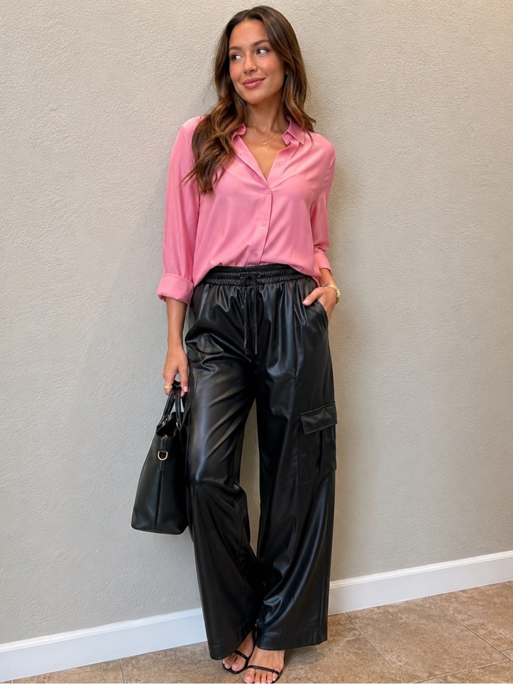 NWT Stylish Black Faux Leather cargo pants